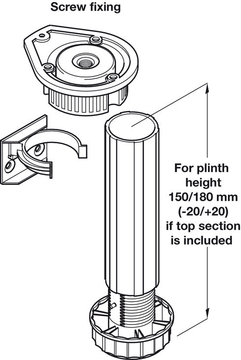 Adjustable black plastic plinth foot set 150 to 180mm with plinth clips – image 3