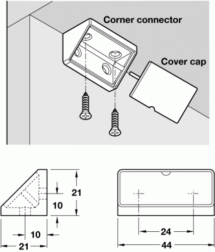 Corner Connector, with Cover Cap, Width 44 mm, Mini