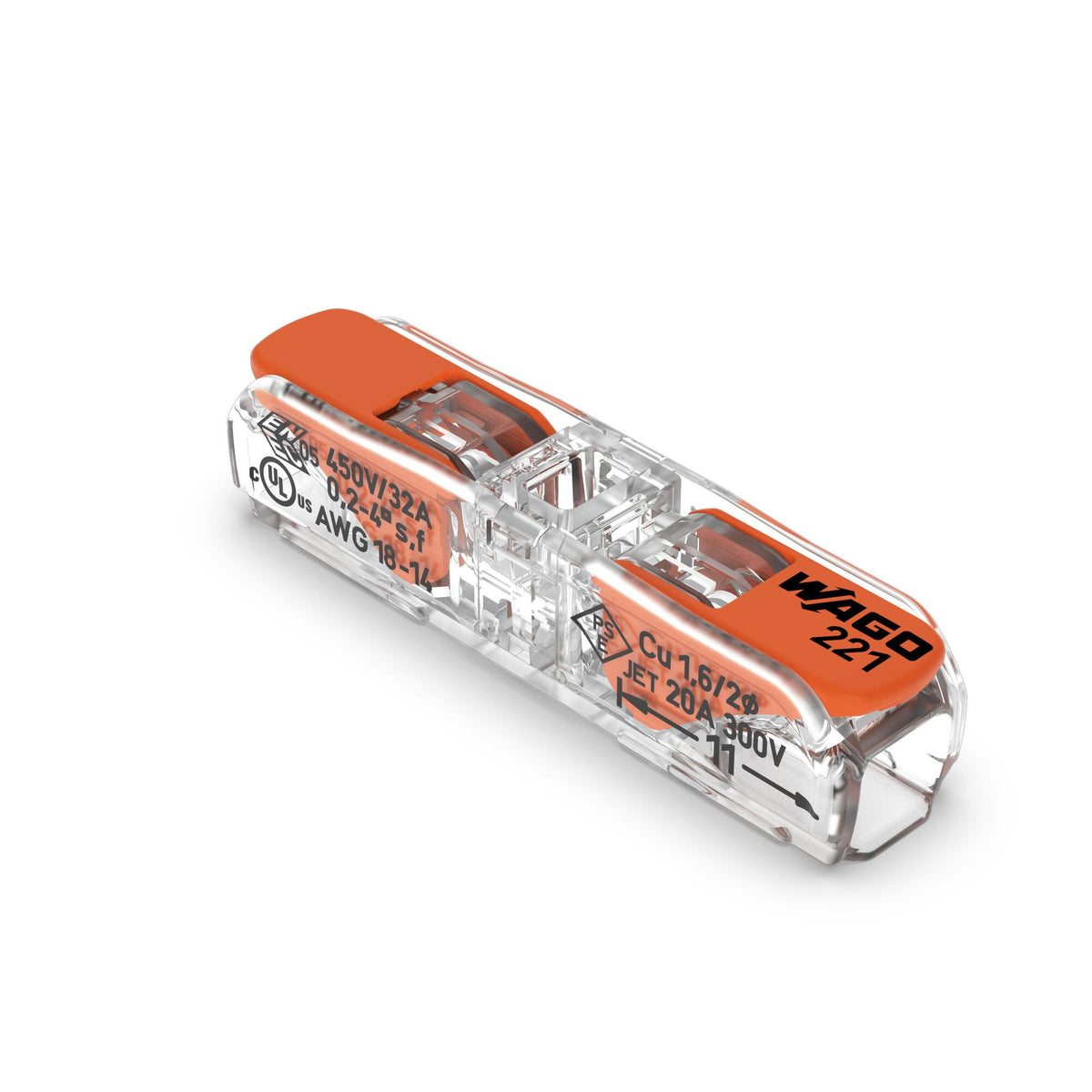 WAGO 221-2411 inline splicing connector with orange lever and transparent housing for joining two wires