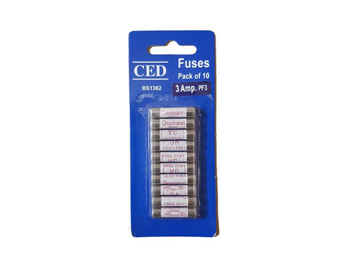 3 amp BS 1362 domestic cartridge fuses for UK 240V household mains plugs