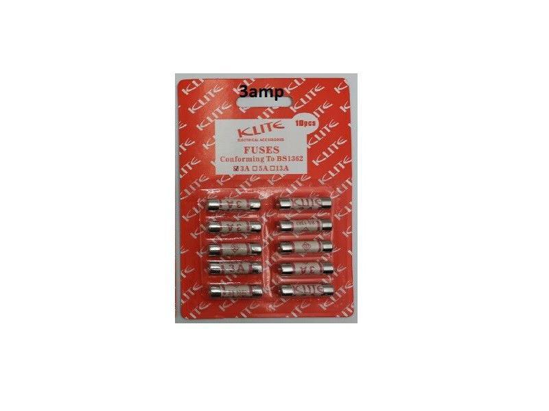 Klite 3 amp domestic cartridge fuses for UK 240V household mains plugs