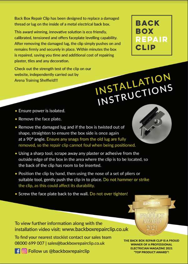 Back box repair clip pushed onto a metal electrical back box to replace a broken lug or thread – image 10