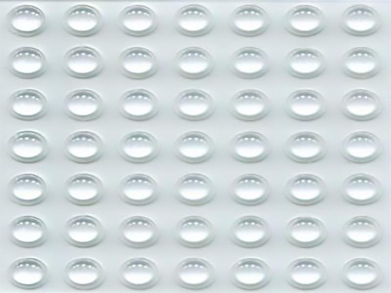 Sheet of 49 clear self-adhesive soft rubber door buffers, 8mm diameter