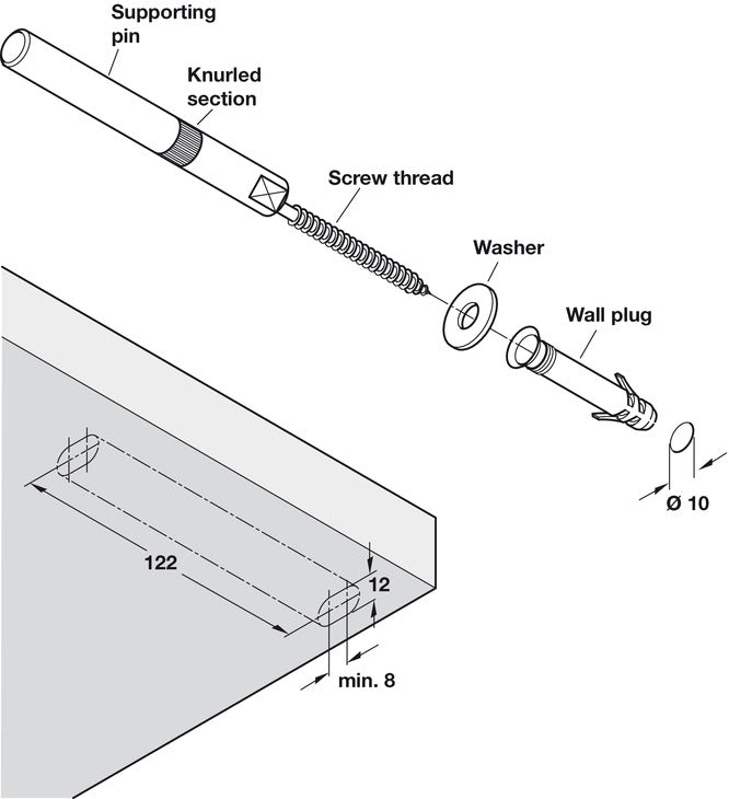 Hafele 120mm hardened steel concealed floating shelf support pin with wall plug and washer – image 3