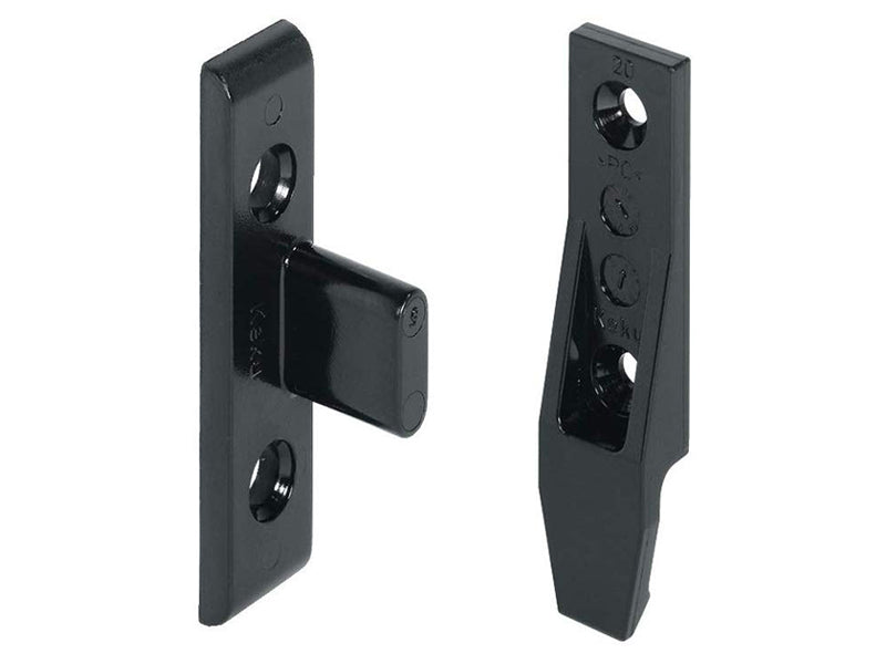 Black Keku EH drop-on hook-on panel fitting with frame and panel components for concealed panels