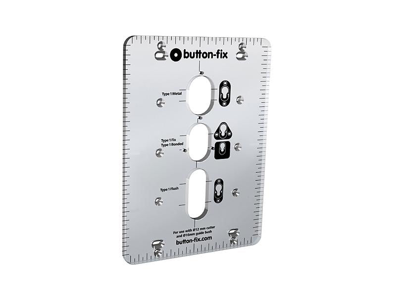 Button-Fix Router Multijig Type 1 clear acrylic routing template with three labelled apertures