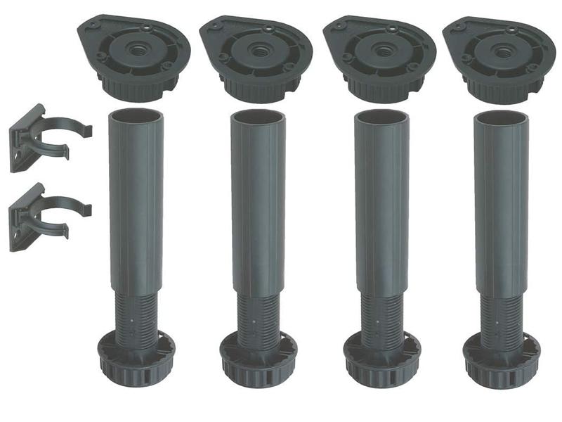 Adjustable black plastic plinth foot set 150 to 180mm with plinth clips