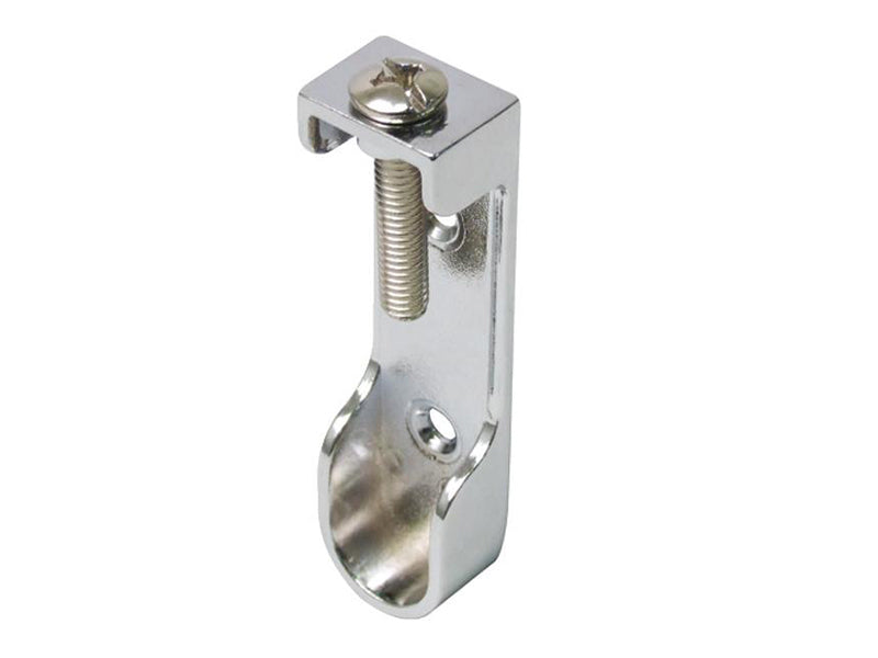 Polished chrome end support bracket with flat head bolt for 15mm wide oval wardrobe rails
