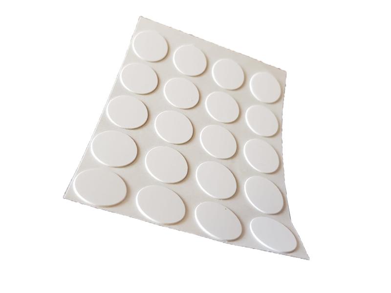 13mm white self-adhesive screw cover caps on backing sheet, 20 caps per sheet